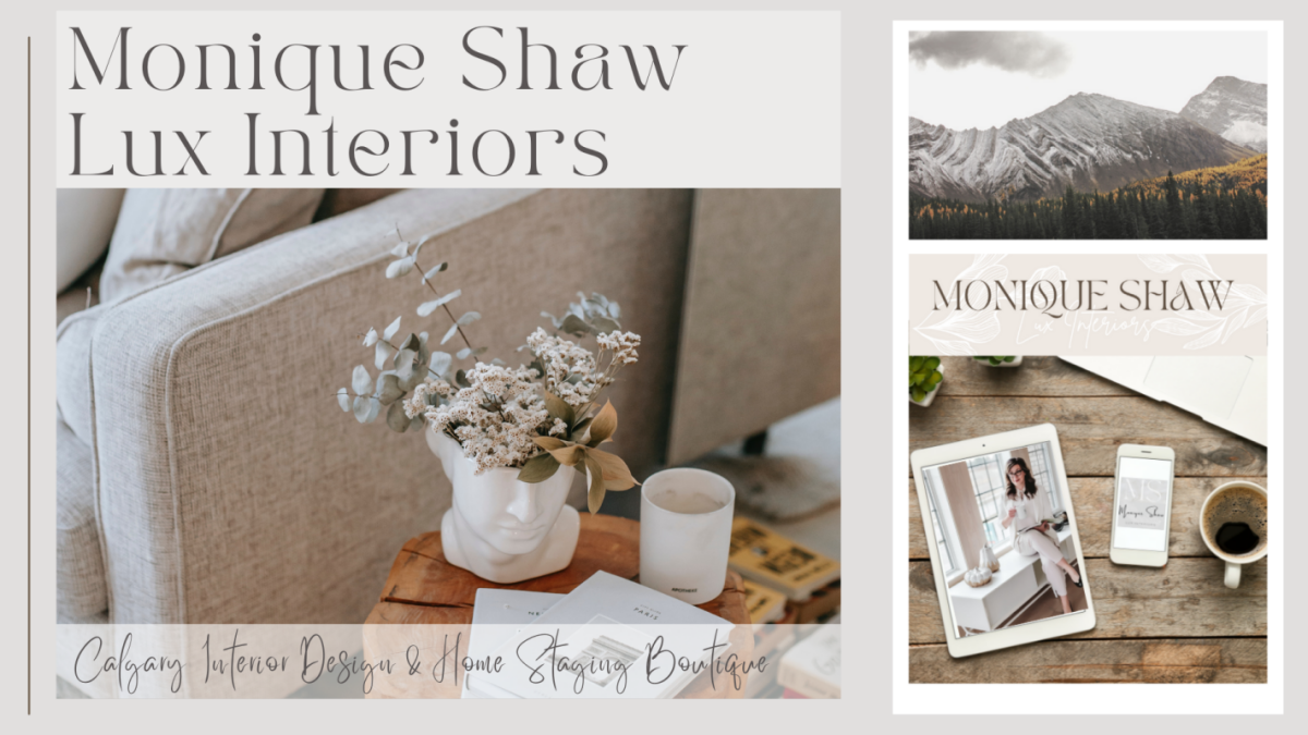 Banner image for the Monique Shaw Lux Interiors blog. A living room with being linen sofa, flowers and mountain scenary